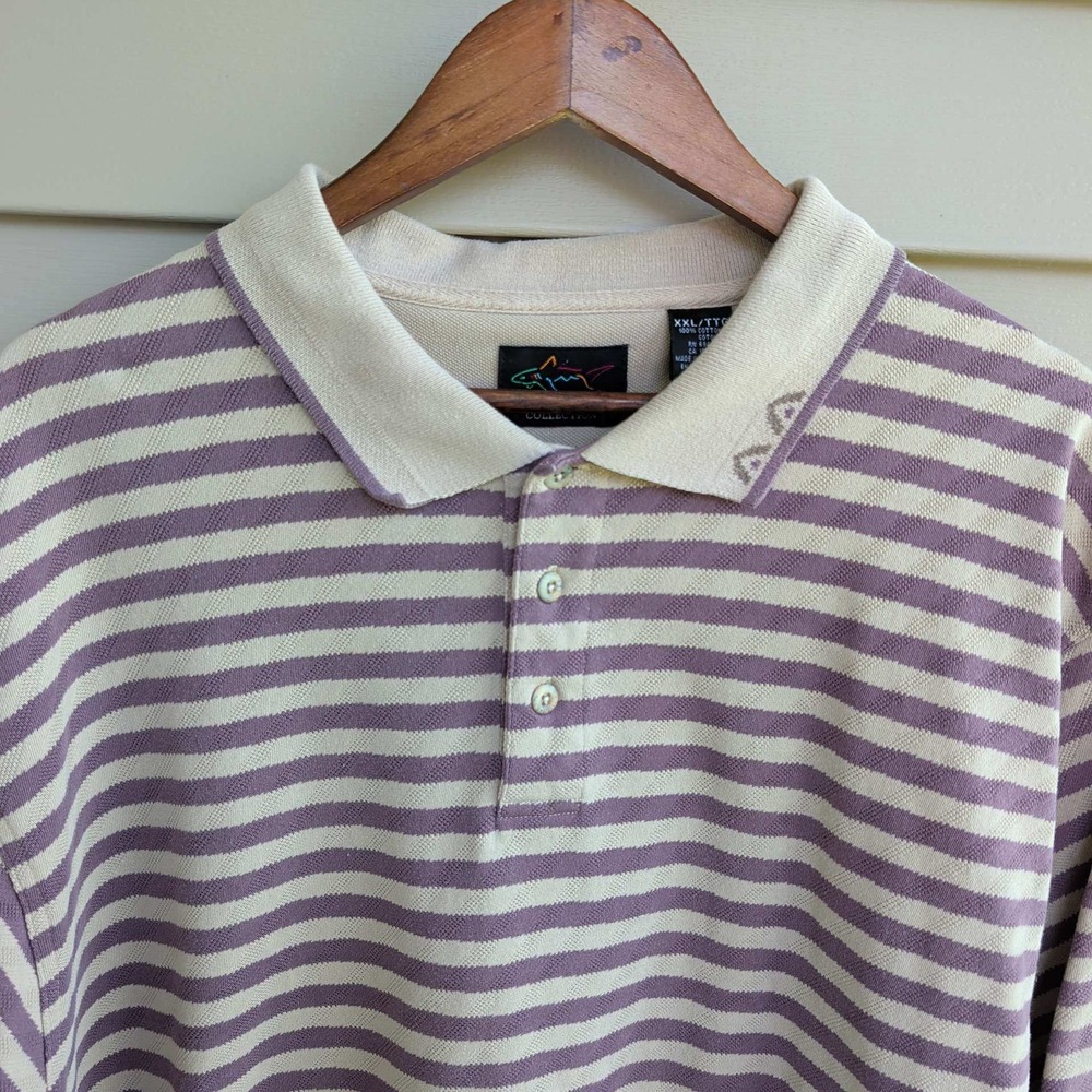 Greg Norman Polo Shirt Mens XXL Purple Cream Striped Short Sleeve Golf Shark